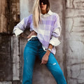 Lilac plaid print loose fit long sleeve sweater with ribbed collar and cuffs