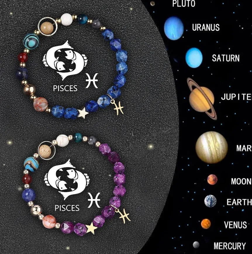 Set of twelve natural stone beaded bracelets showing different zodiac sign designs on elastic cords