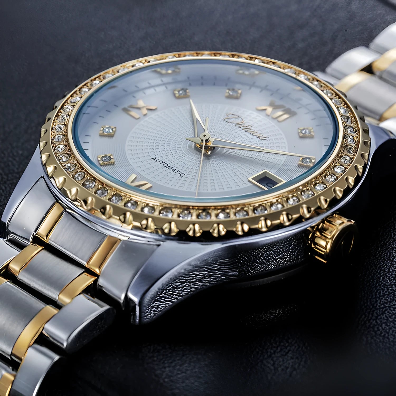 Men's waterproof automatic mechanical watch with gold case and black dial showing luminous elements