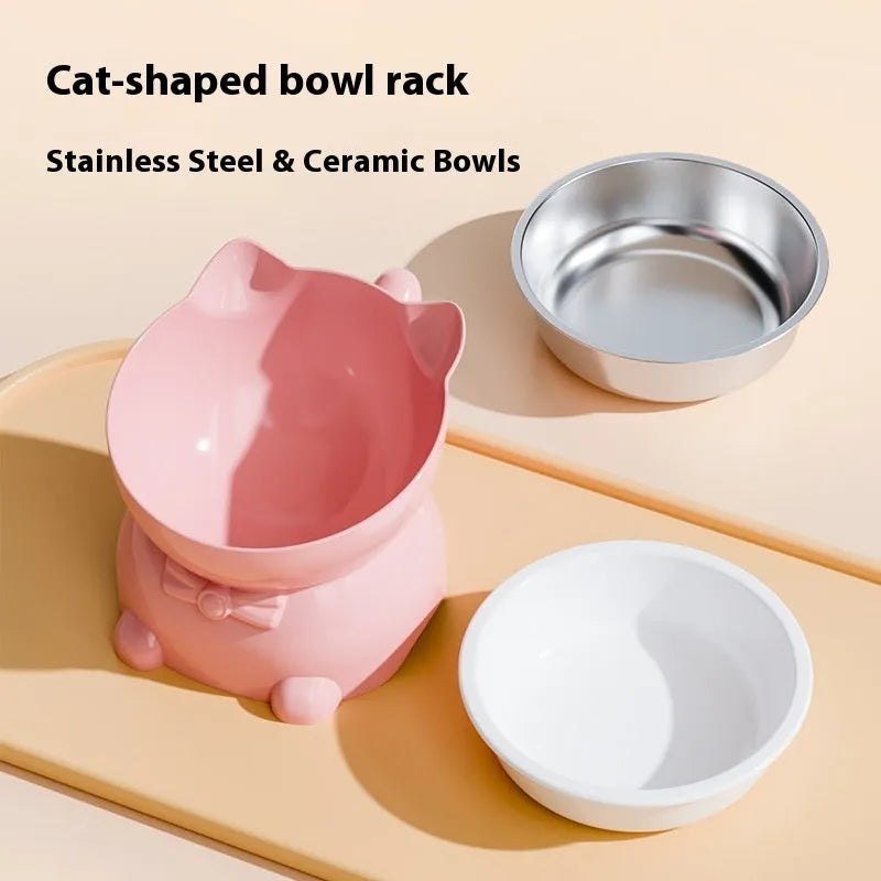 Stainless steel oblique anti-fall cat bowl in black, blue, pink, and yellow colour options.