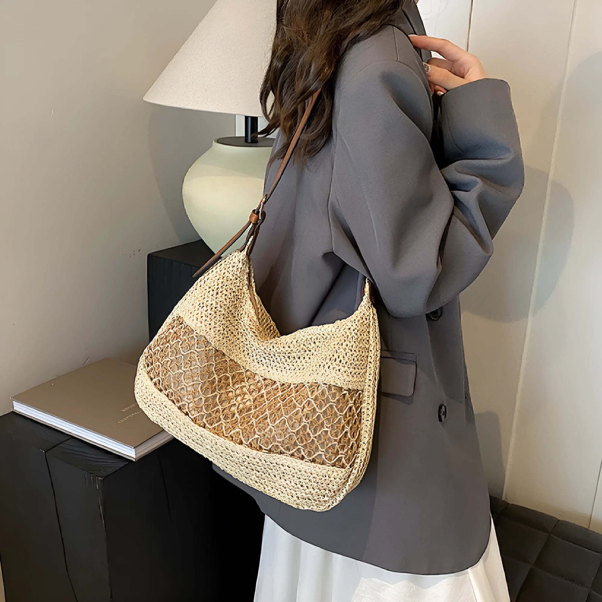 Women's casual straw cross body bag in horizontal square shape with sandwich pocket, khaki colour option