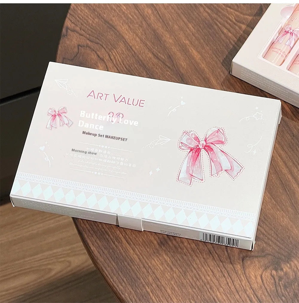 Butterfly Box makeup set with four matte lip muds, powder blusher compact and necklace