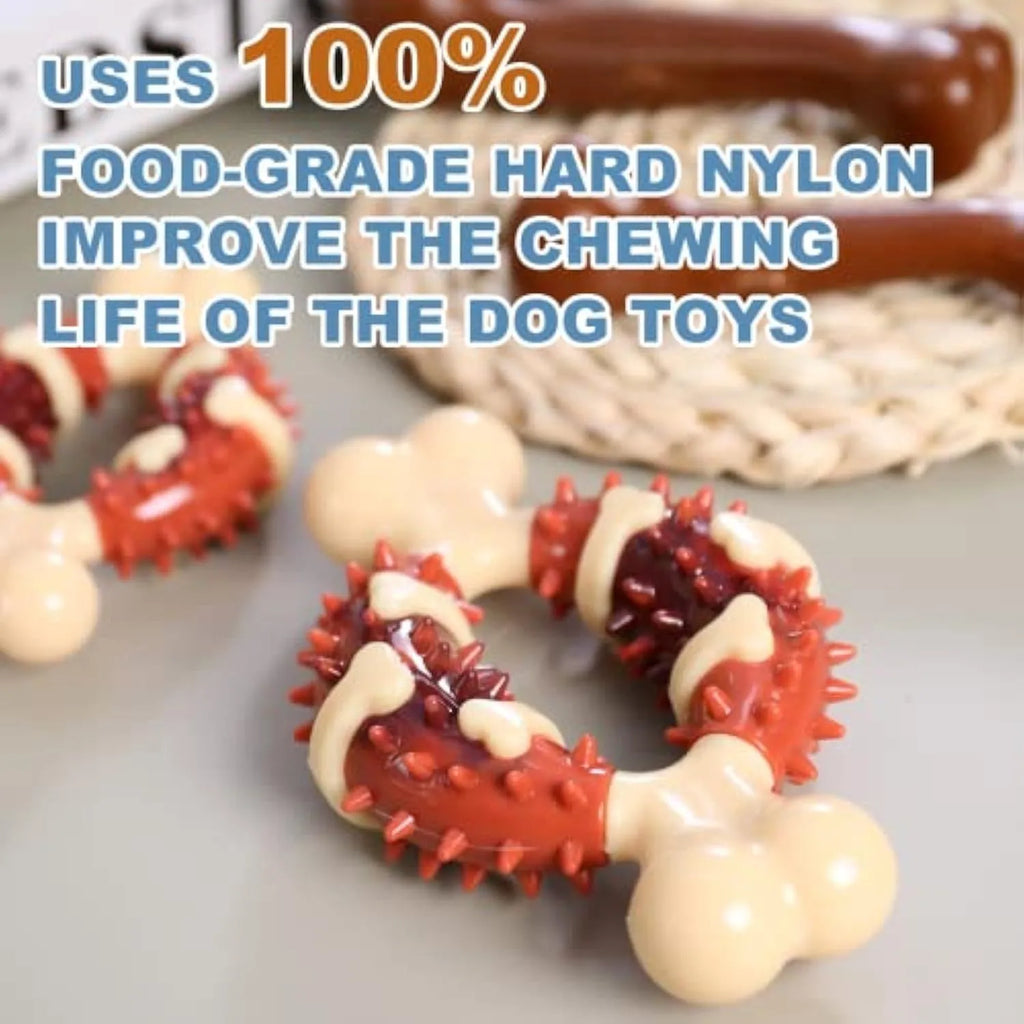 Bone-shaped natural rubber dog chew toy for teeth grinding, shown in two sizes.