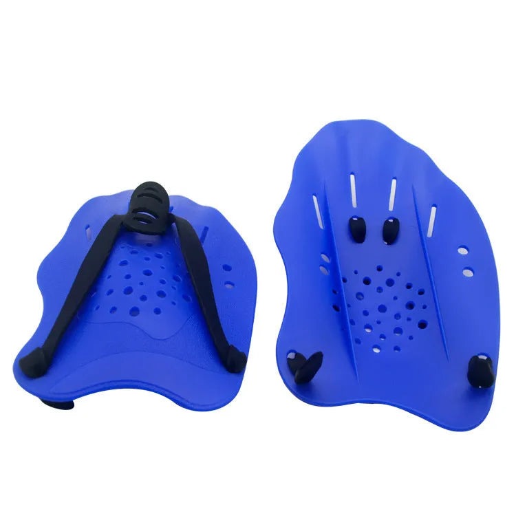 A pair of freestyle swim training paddles with hand webbing in multiple colour options on a blue background.