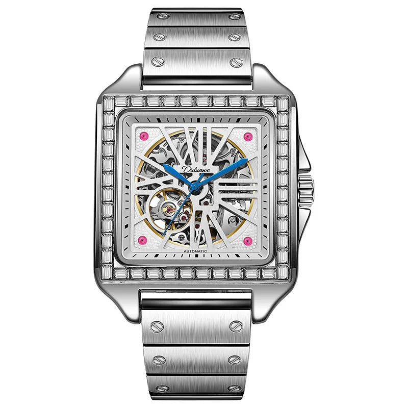 Square silver men's automatic watch with diamond-studded bezel on a black leather strap.