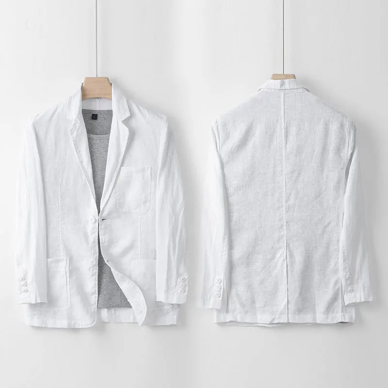 Men's loose-fit linen casual blazer jacket shown in available colours: white, black, natural linen, sky blue, and navy blue.