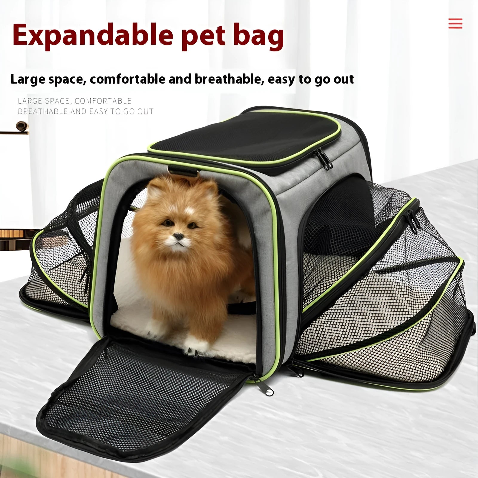 Cat carrier bag in black with red piping made from 600D cation fabric showing portable design