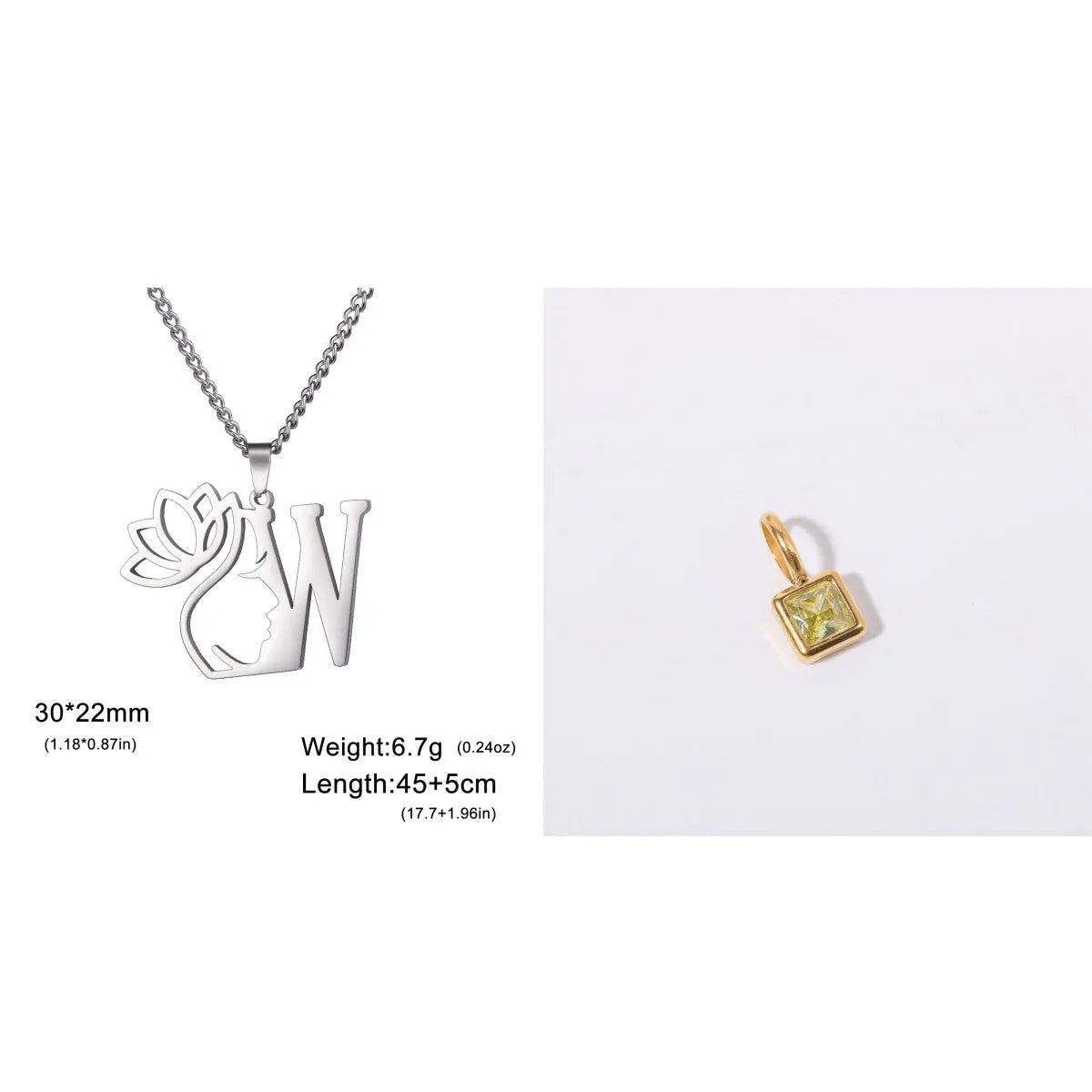 Stainless steel necklace with cross chain design and single letter pendant in gold or silver electroplated finish