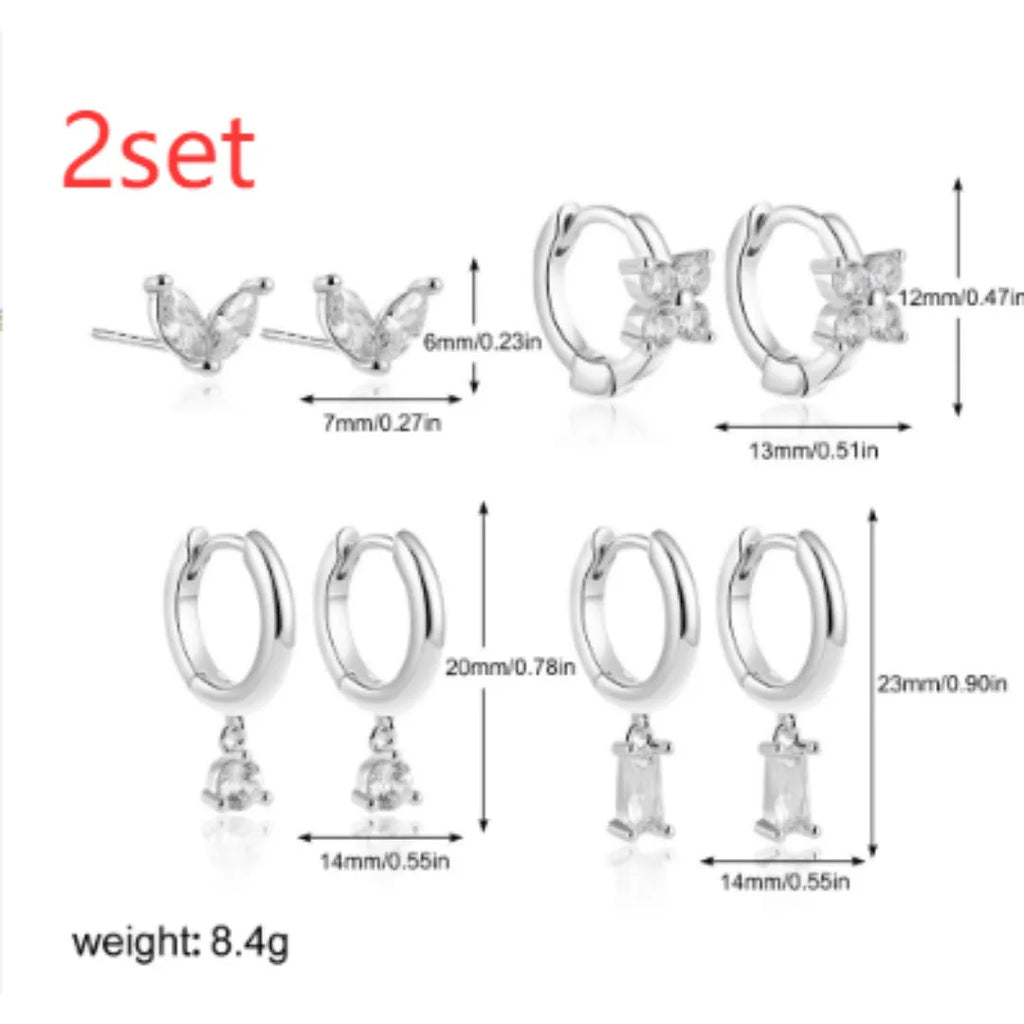 Geometric square copper earrings with zircon plating in gold and silver four-piece sets for women