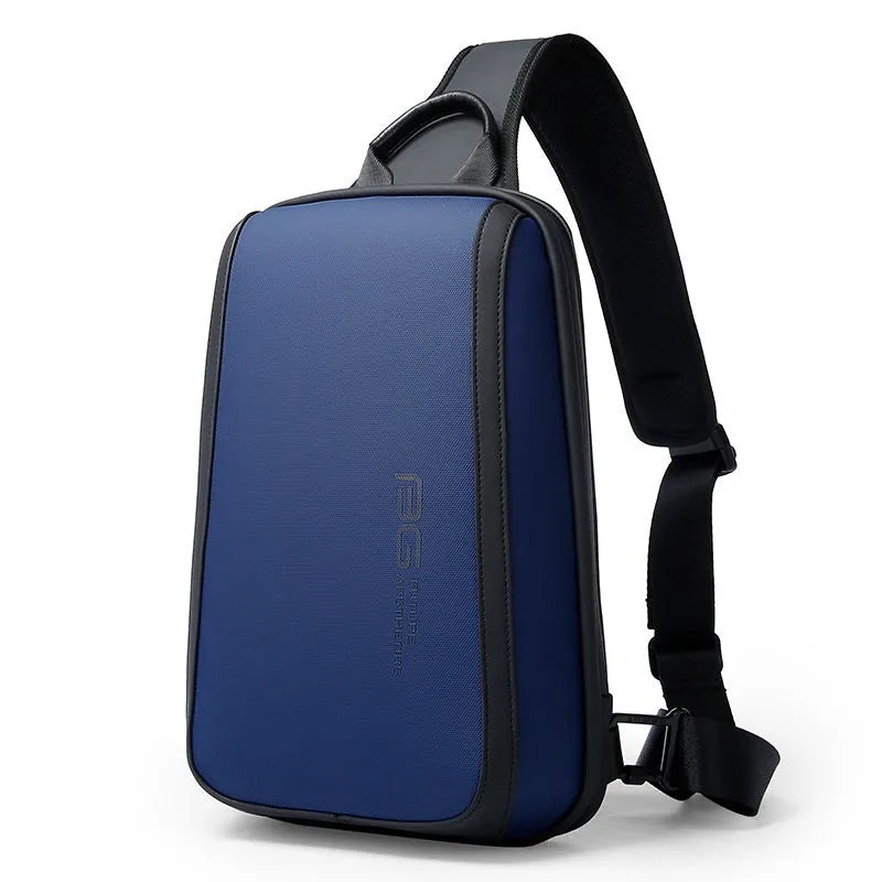 Blue Oxford cloth men's messenger chest bag with double shoulder straps.