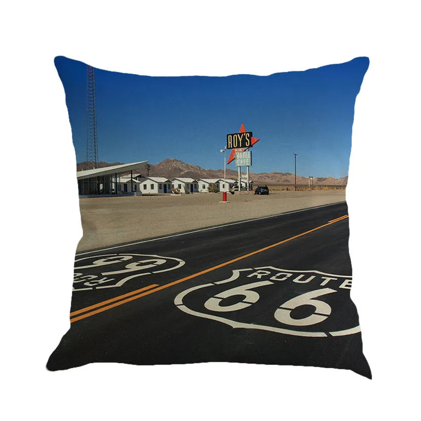 Square linen blend cushion cover with Route 66 landscape print, shown in one of six colour options.
