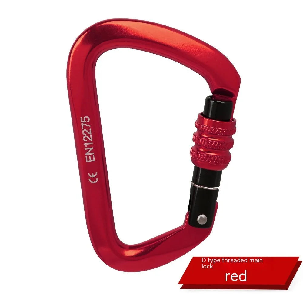 D-shaped rock climbing carabiner main lock with choice of threaded or automatic gate closure, shown in multiple colours.