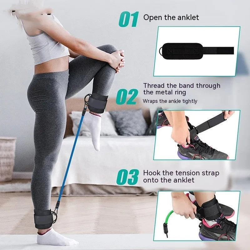 TPE leg resistance band set with ankle buckles and foot loops for hip lifting and fitness exercises