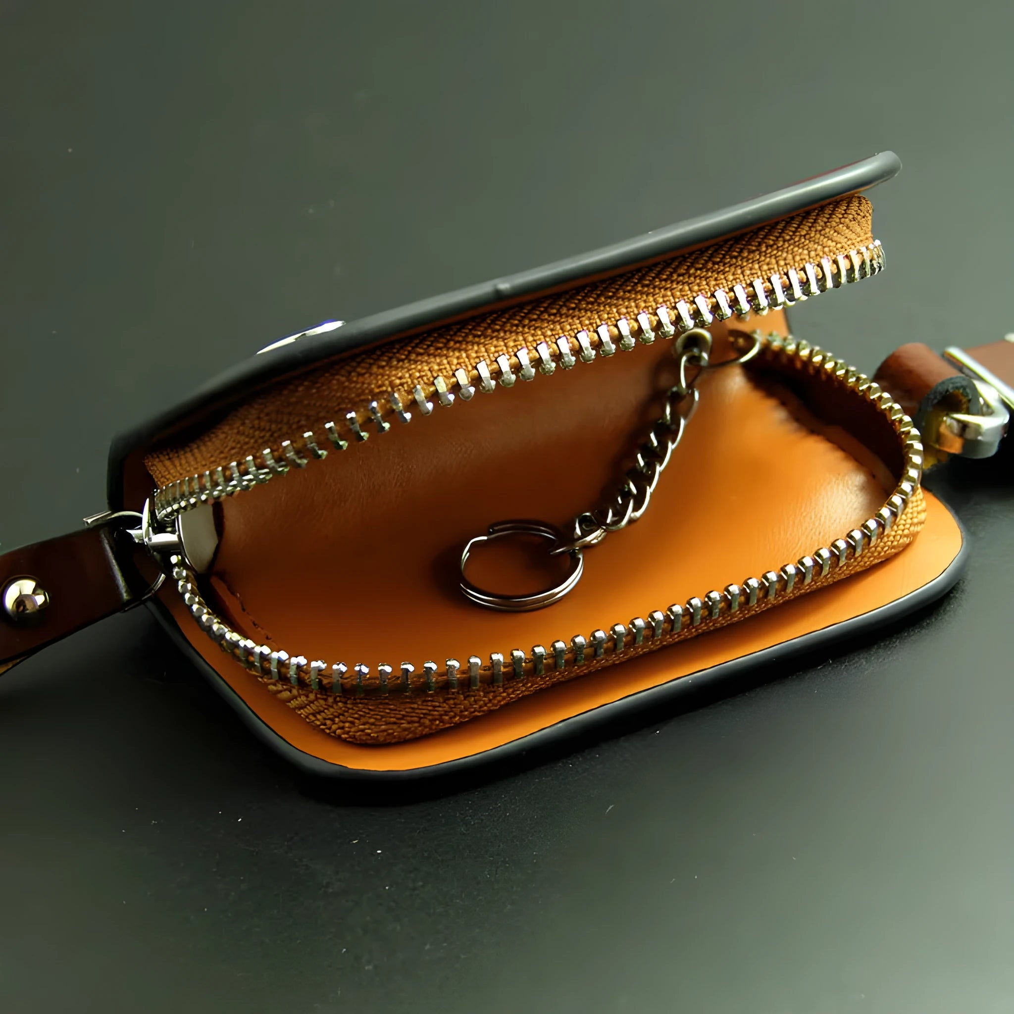 Genuine V-grain cowhide leather car key case in black or brown colour with frosted finish