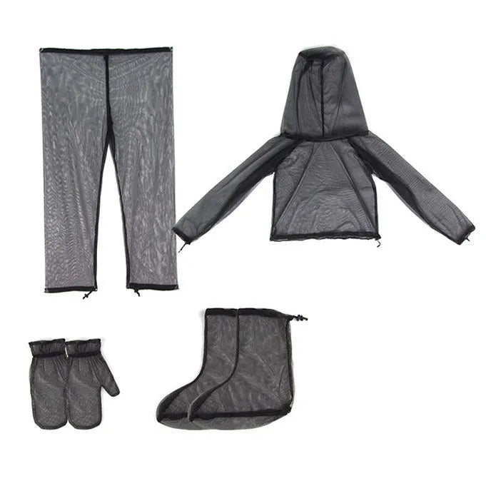 Four-piece anti-mosquito canopy suit set including hooded jacket, trousers and booties for outdoor activities