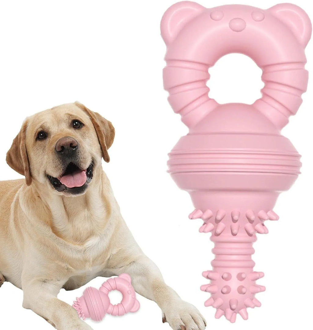 Blue rubber molar dog chew toy with textured surface and bell inside.