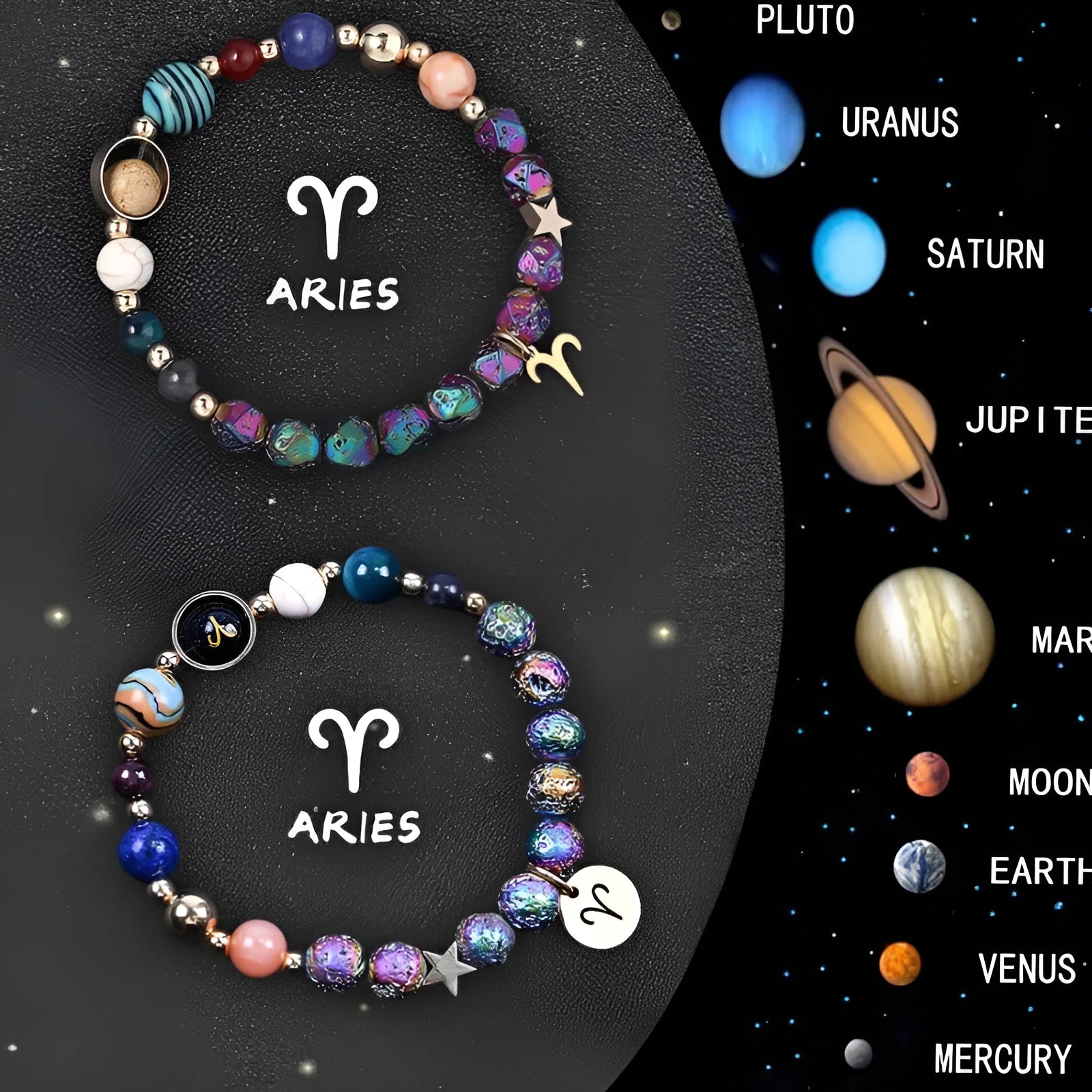 Two natural stone zodiac bracelets with adjustable cords showing astrological symbol beads