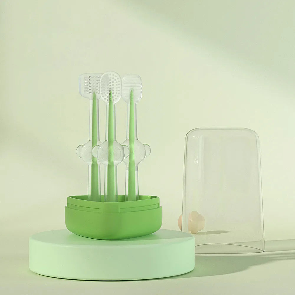 Silicone pet toothbrush set for dogs and cats in blue, green, and purple colours