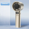 Handheld USB fan with brushless motor showing 120 speed settings and 1800mAh battery capacity