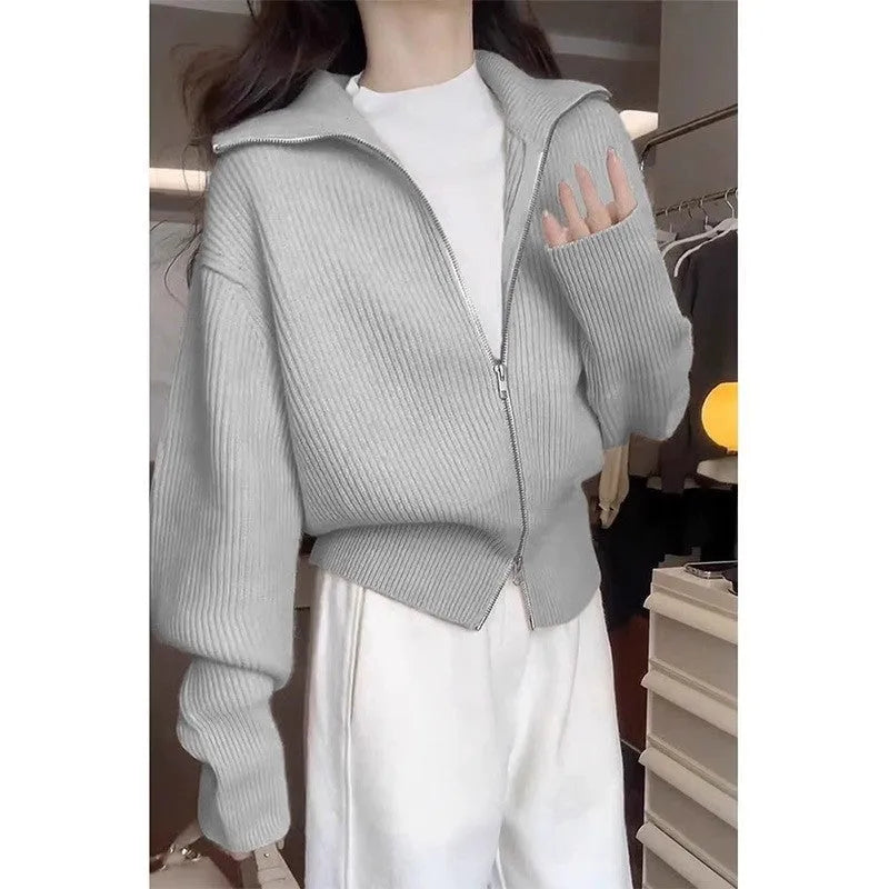 Hong Kong style double zipper knitted cardigan with floral decoration in loose fit free size