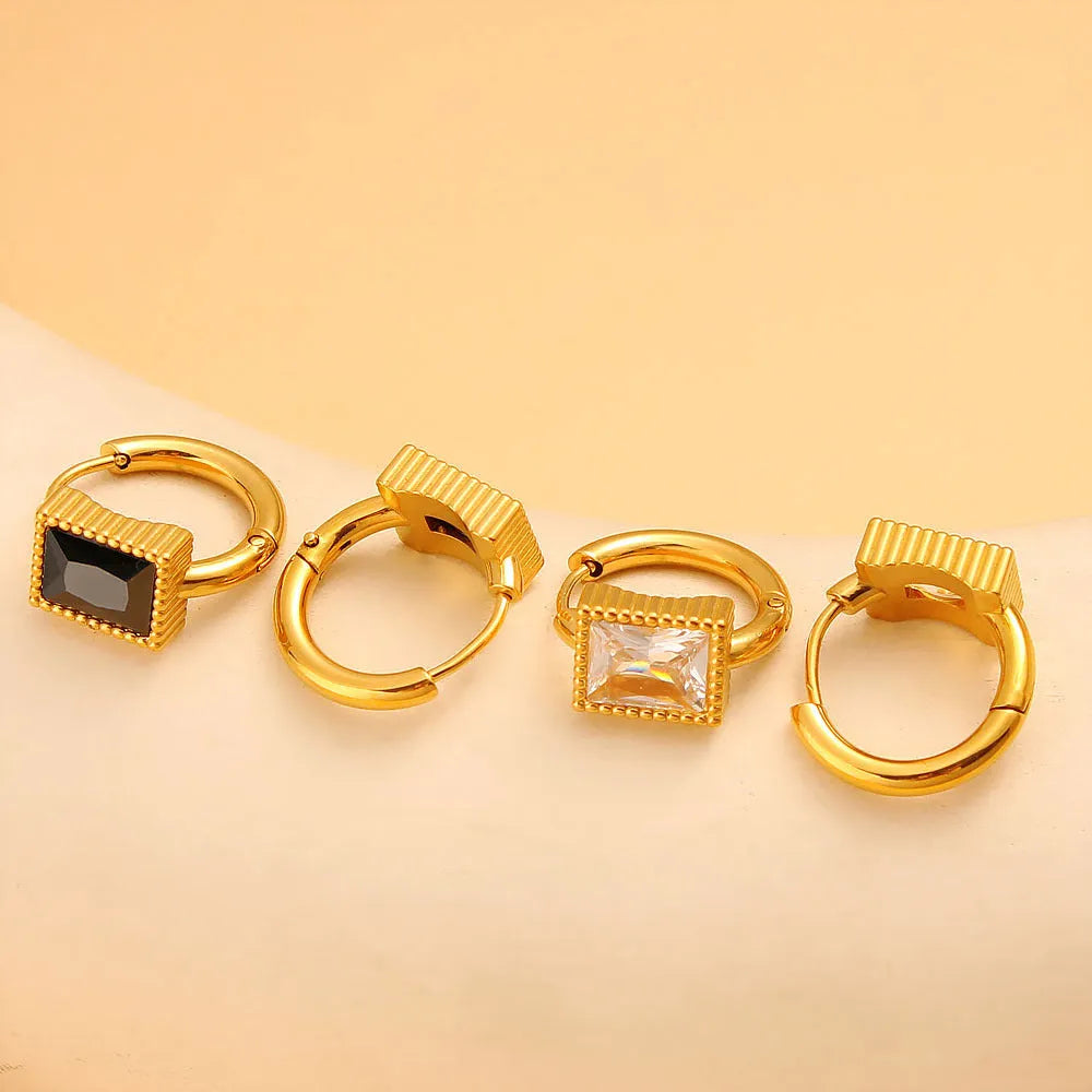 Geometric square zircon stainless steel earrings in white, black, or green colour options