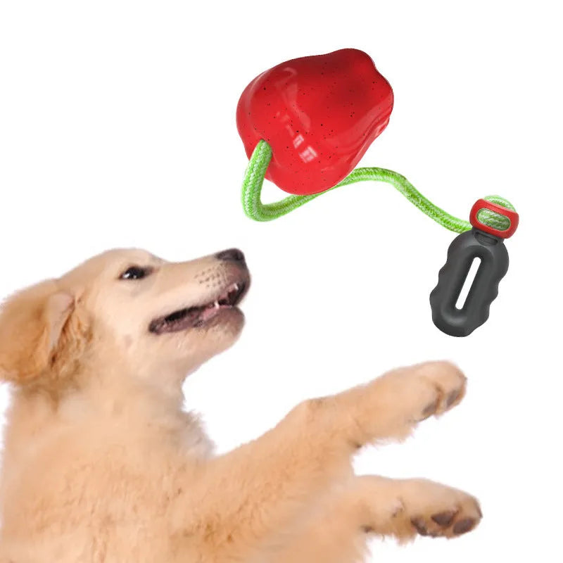 Green Apple-shaped plastic dog toy with dropping ball design containing squeaker