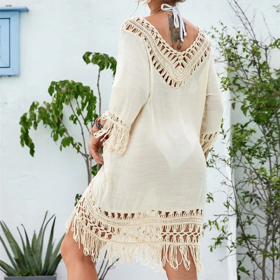 Apricot crocheted knitted patchwork beach dress with half sleeves and mid-length skirt