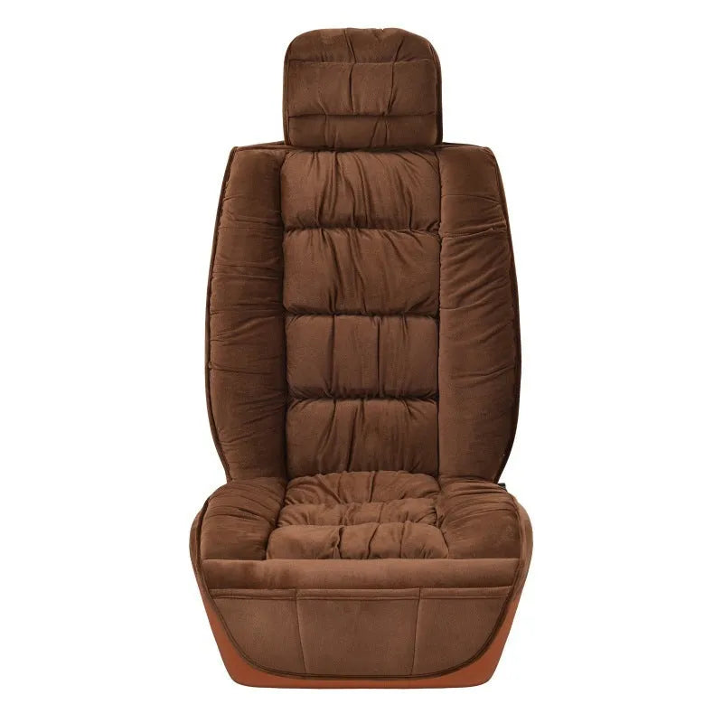 Winter plush car seat cushion showing all-inclusive design on car seat