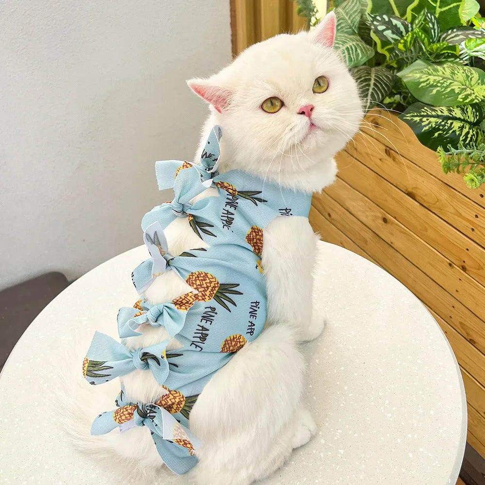 Lace-up polyester cat sterilisation recovery clothing in pink, purple, blue, brown and green pineapple colours