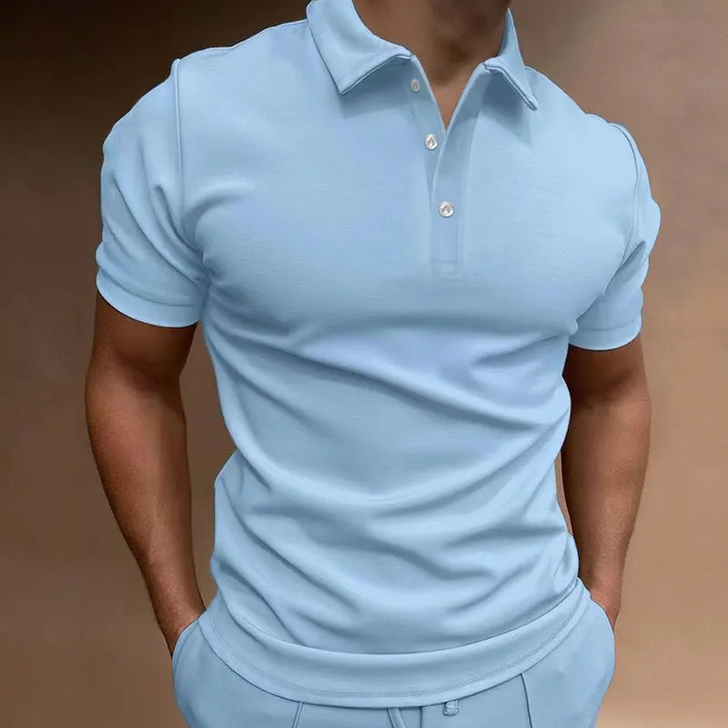 Men's grey loose fit button-down short sleeve t-shirt on a hanger.