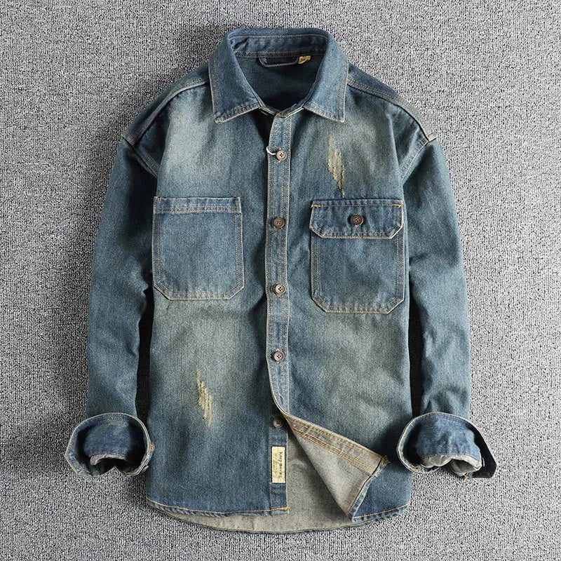 Men's light blue washed vintage denim shirt in loose fit cardigan style with long sleeves