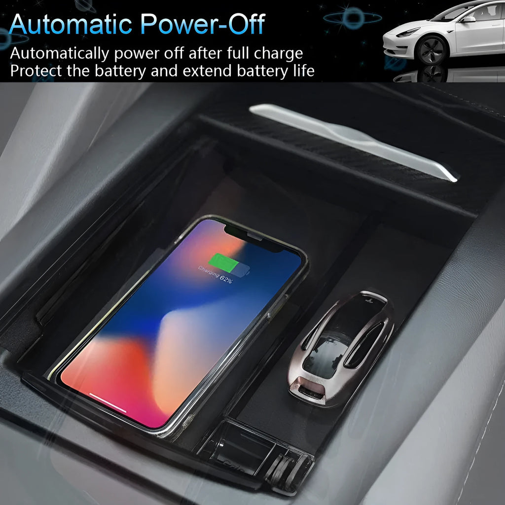 Black wireless charging storage box with QI compatibility and fast charging support