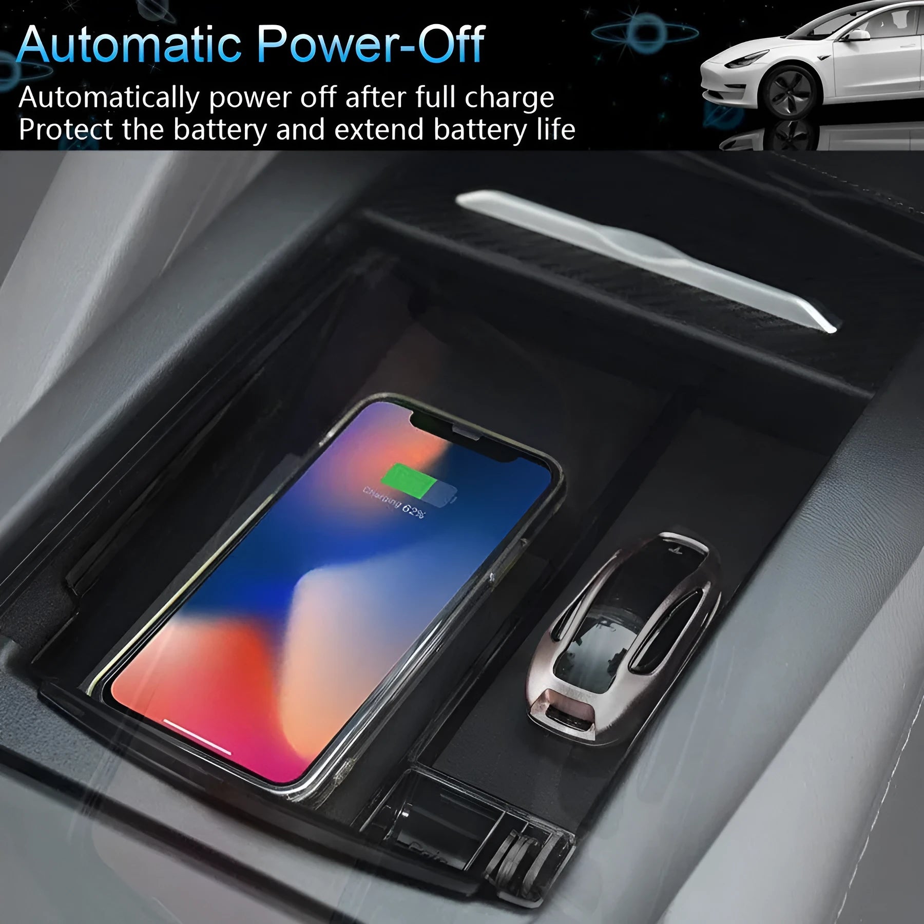 Black wireless charging storage box with QI compatibility and fast charging support