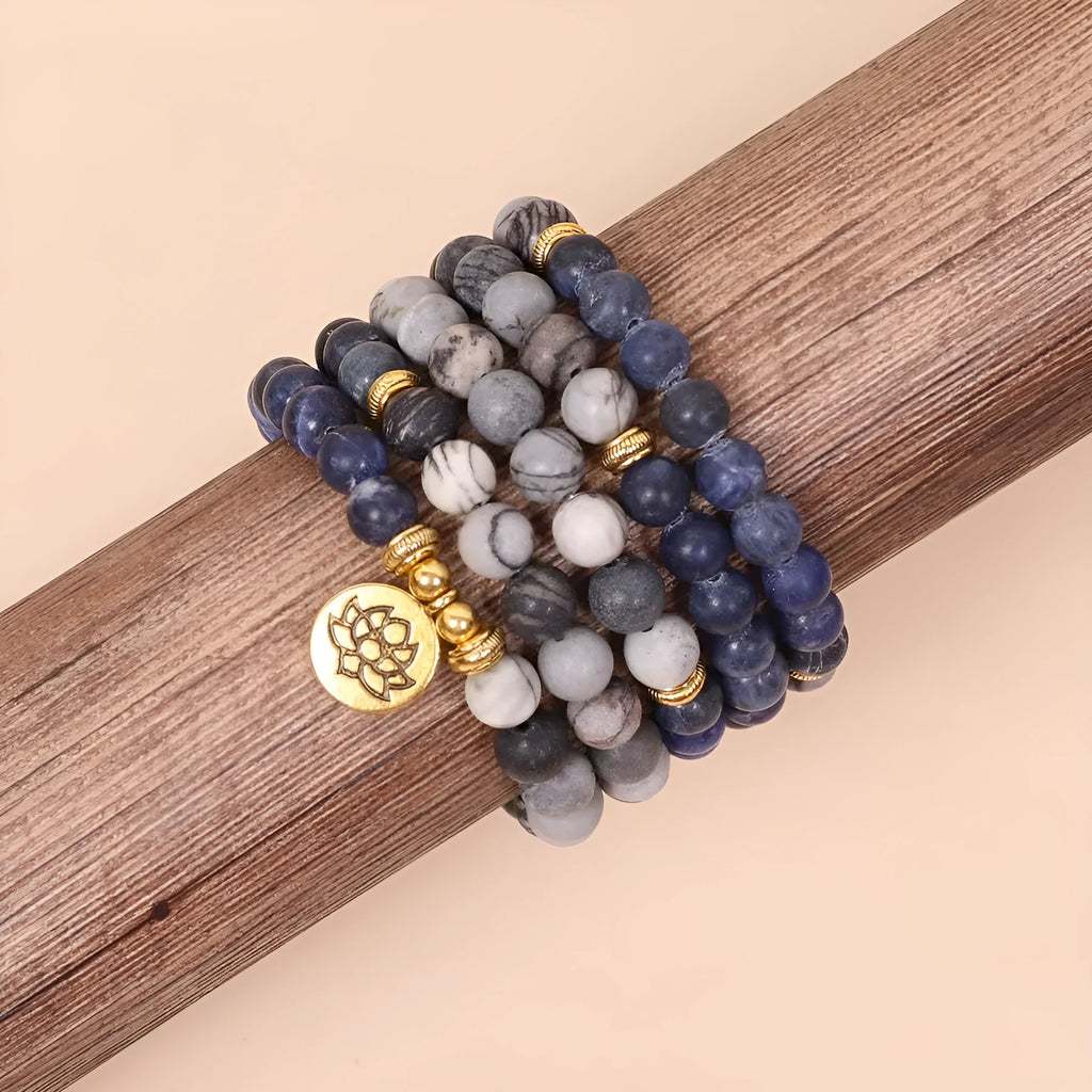 Blue patterned network stone bead multi-layer bracelet with adjustable alloy chain