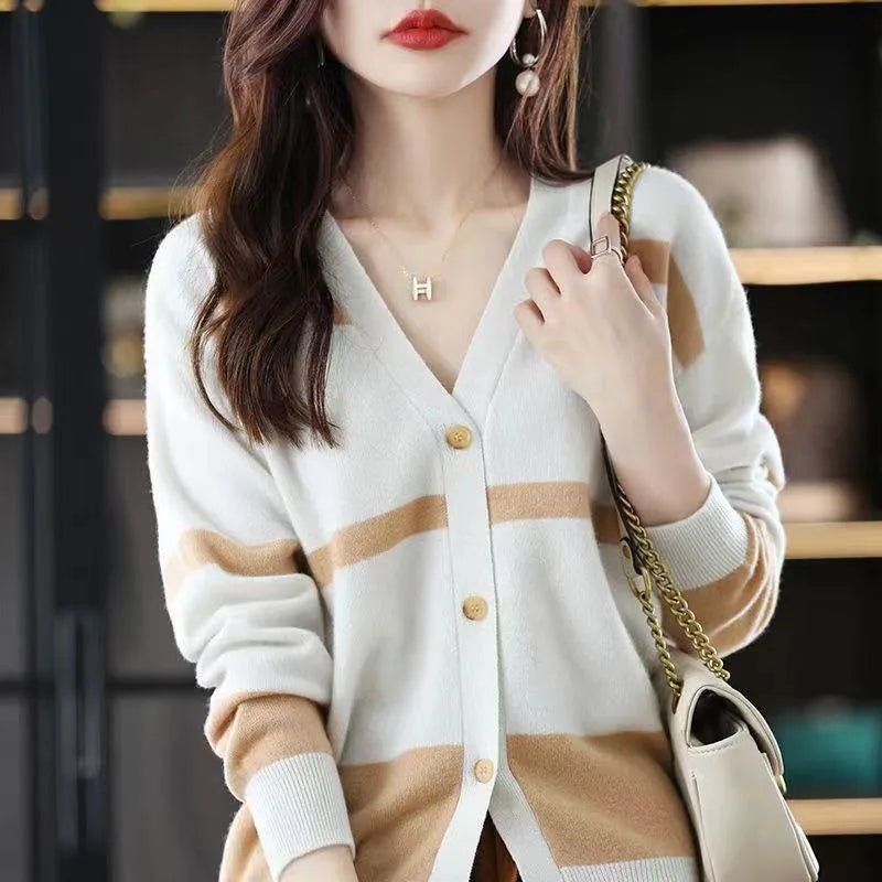 Women's striped knitted cardigan with V-neck, button front, and 3D pattern texture