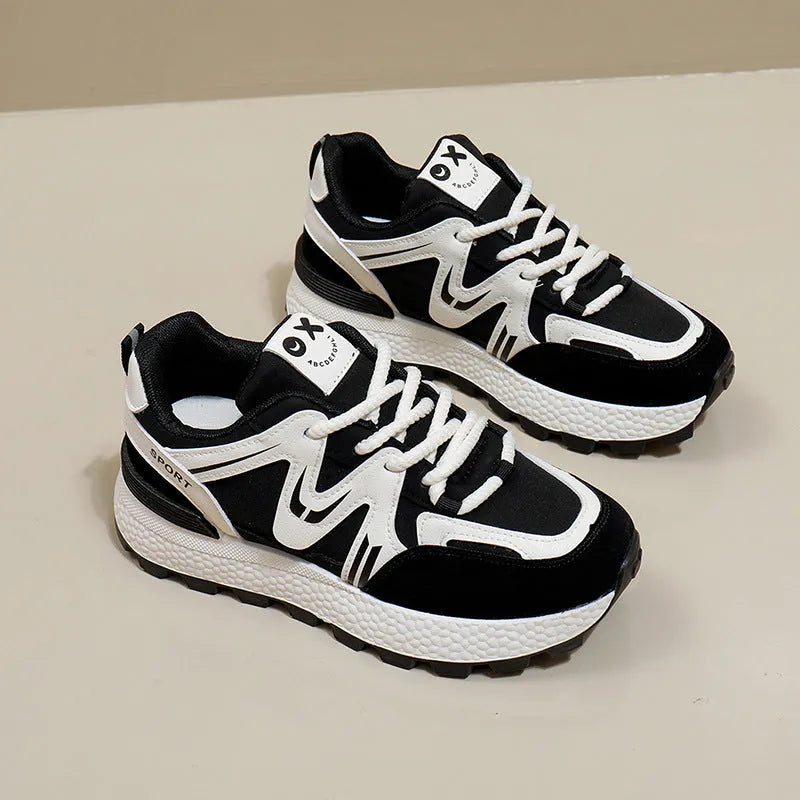 Women's black platform casual sports shoes with round toe and front lace-up design