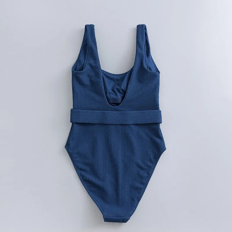 Navy blue women's triangle one-piece swimsuit with chest pad for swimming sports