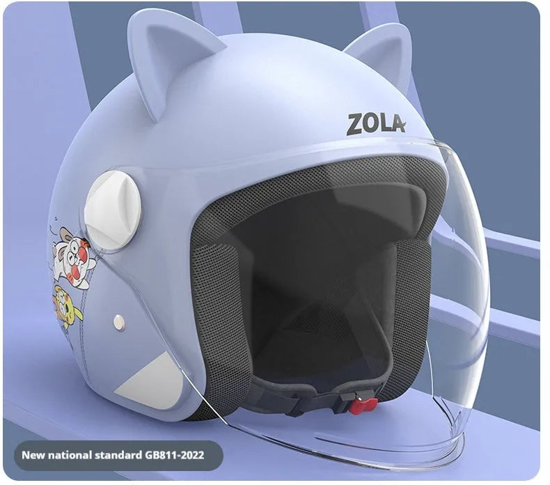 Blue winter electric bicycle helmet with anti-fog visor and attached neck scarf.