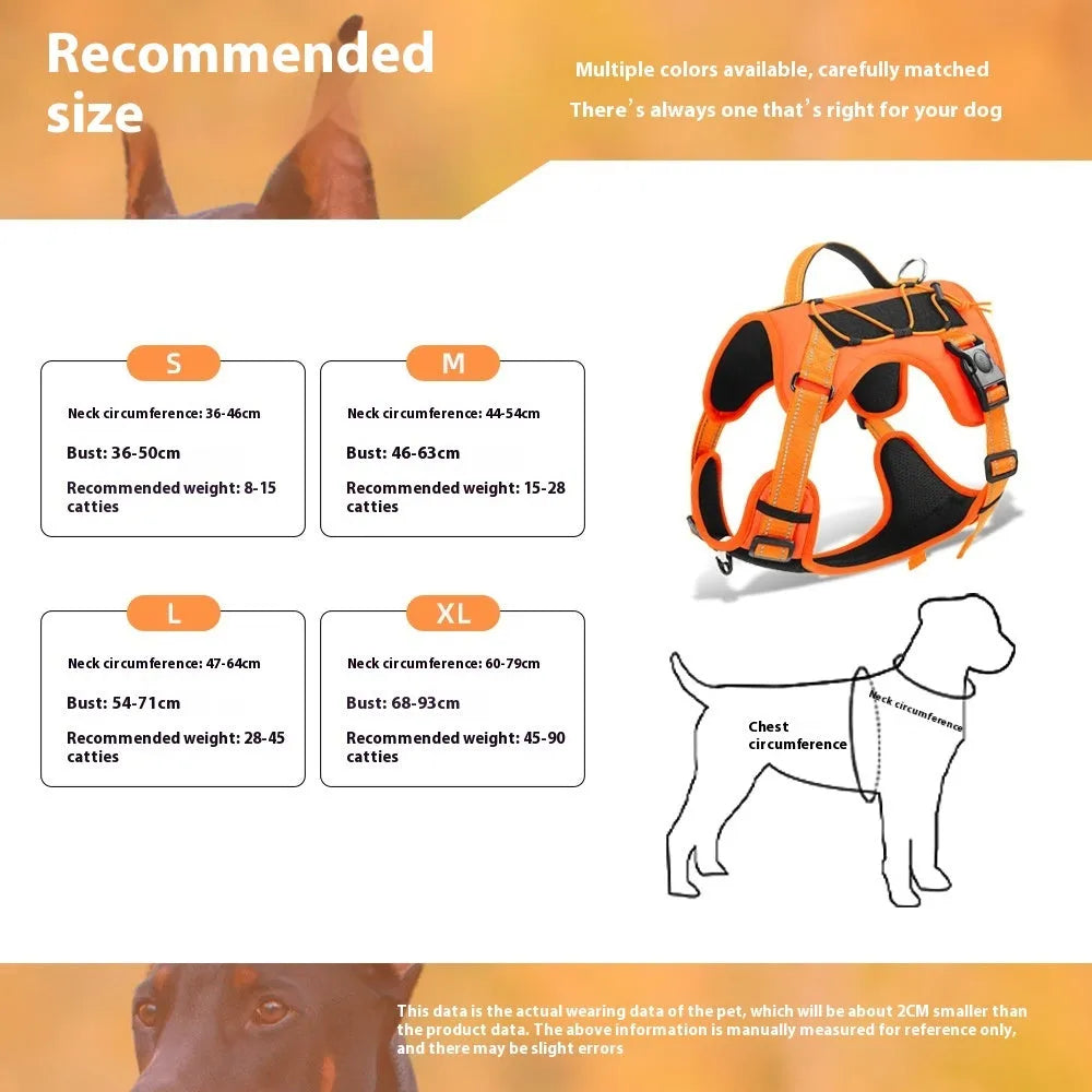 Orange reflective dog vest harness with integrated black hand-holding rope and adjustable straps.