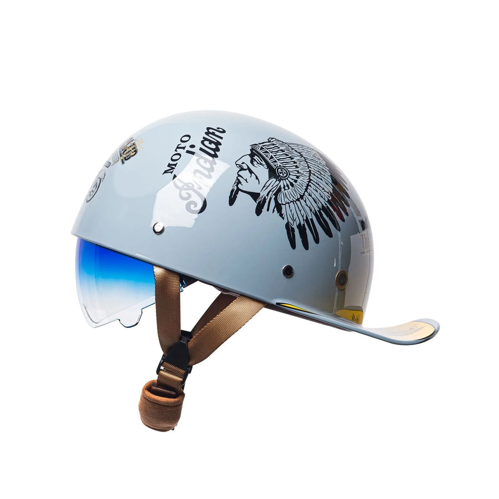 Retro-style half helmet for electric bicycles in bright black with a gradient blue tinted lens.
