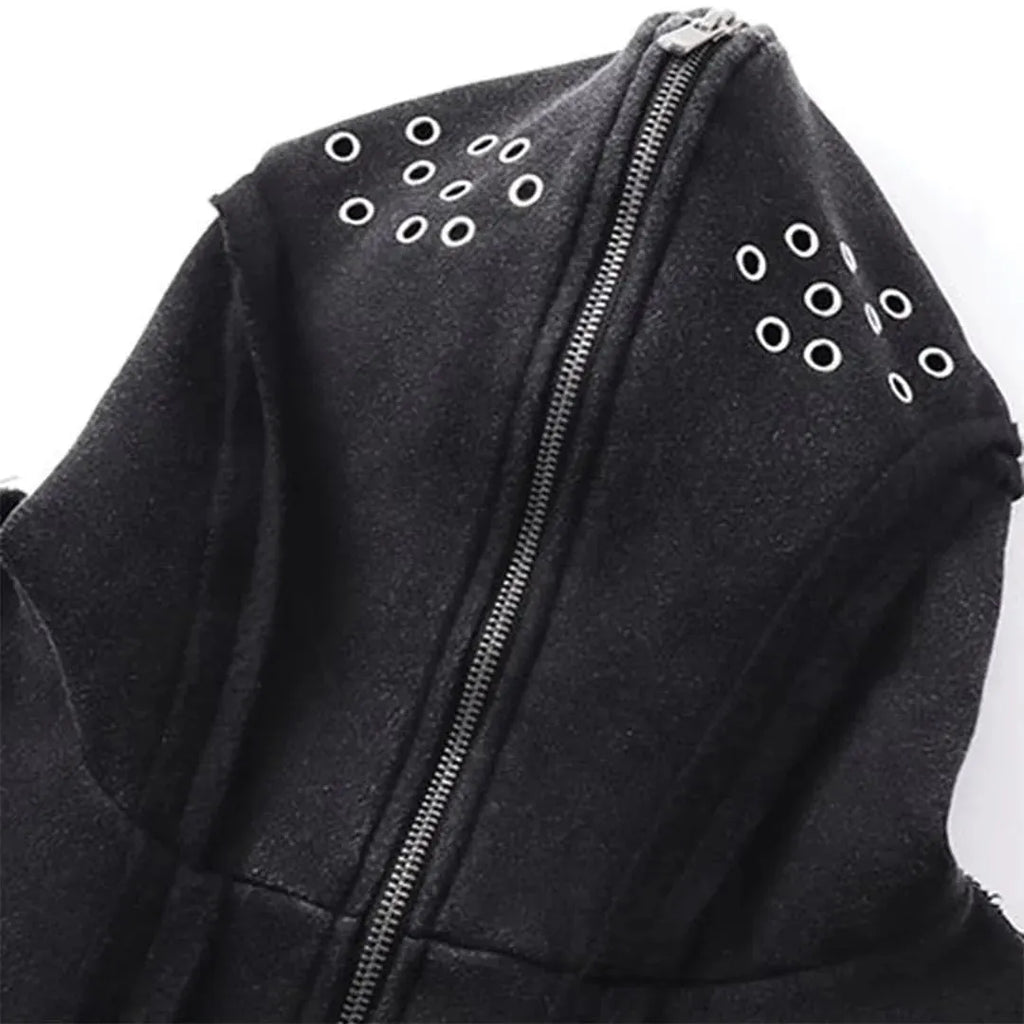 Black loose fit padded cotton cardigan with zip front and hood in retro style