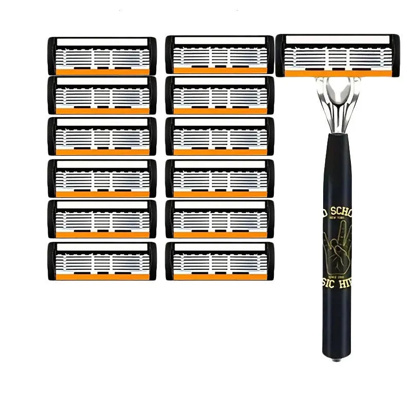 Black six-layer finger handle for manual shaver holder with assorted blade packs.