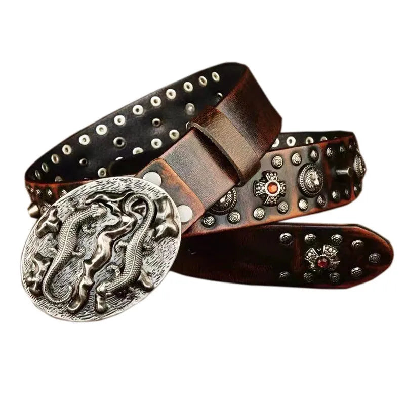 Men's black leather belt with punk-style rivets and a silver alloy buckle, laid flat showing length.