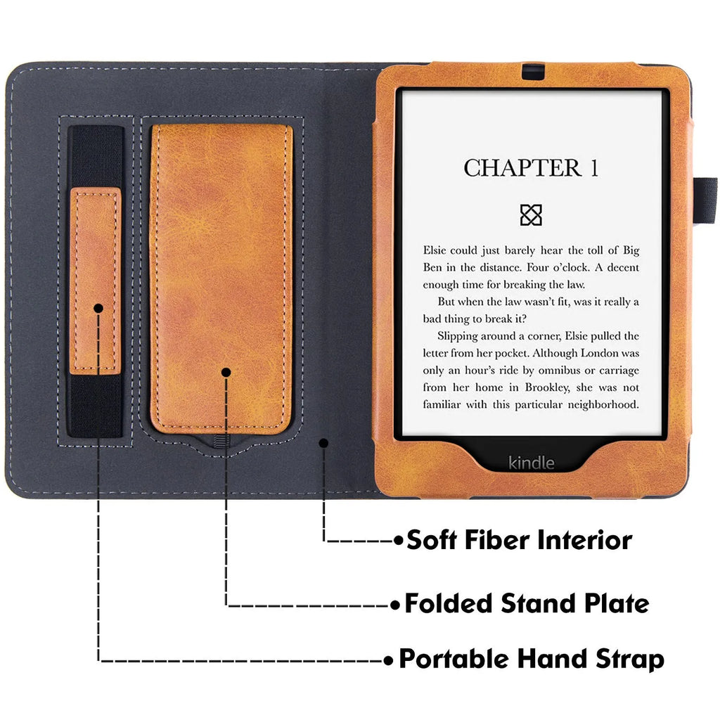 Kindle Paperwhite 11 leather case with wrist bracket showing calf leather exterior