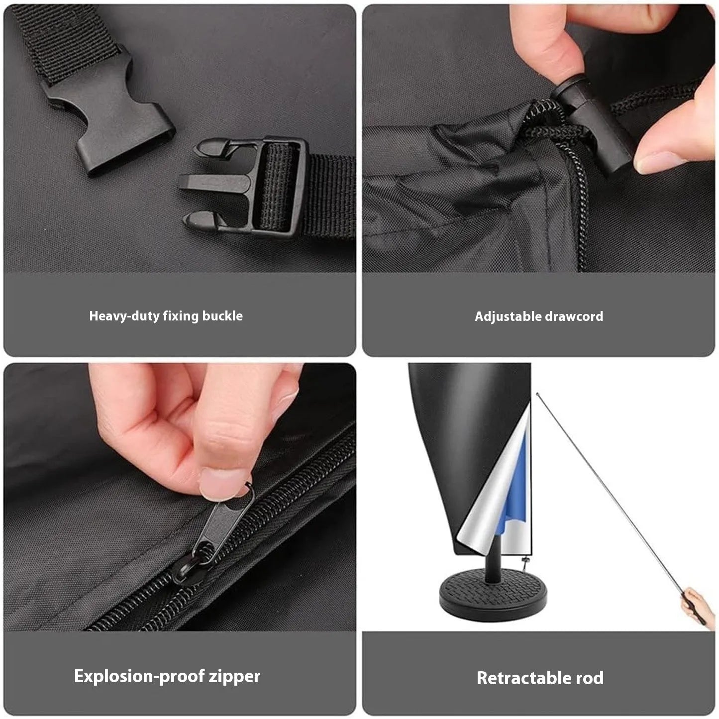 Black waterproof Oxford cloth cover for a banana-shaped offset outdoor umbrella.