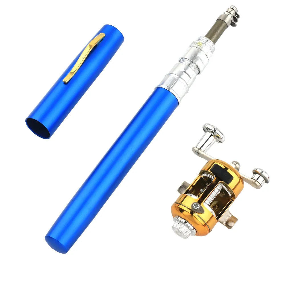 Gold telescopic fishing rod extended from aluminium pen case with ST5RL drum attached