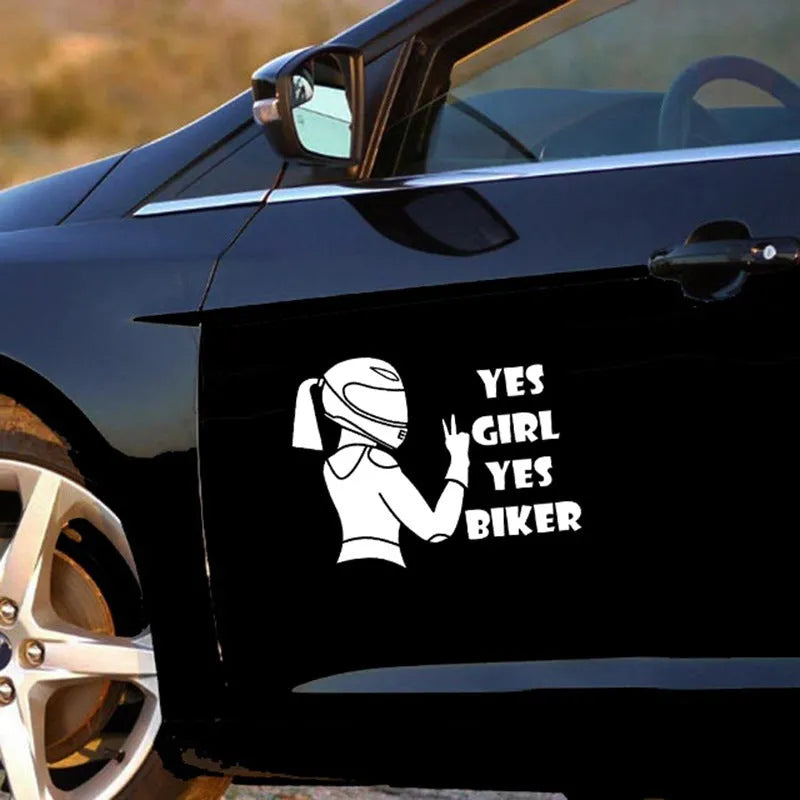 Cool girl rider character waterproof car sticker in black white or laser colour measuring 16cm by 15cm