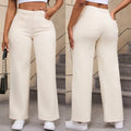 Women's apricot straight wide-leg high-waisted cotton trousers on a hanger.