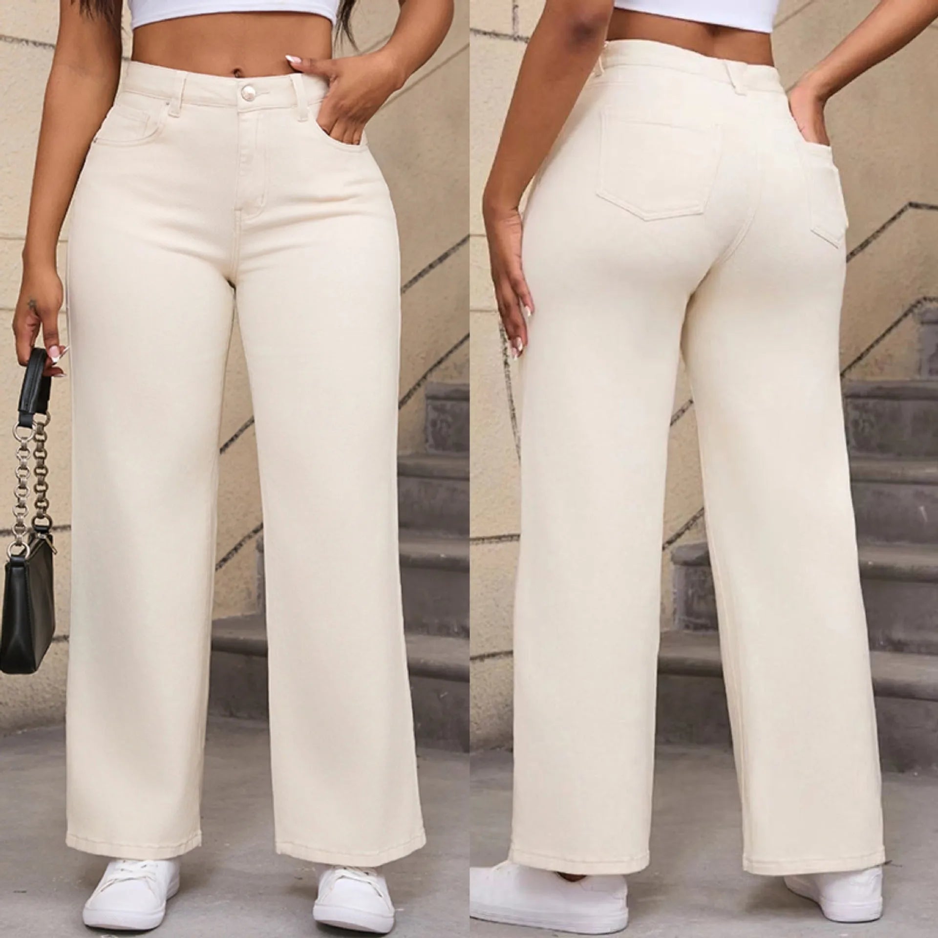 Women's apricot straight wide-leg high-waisted cotton trousers on a hanger.