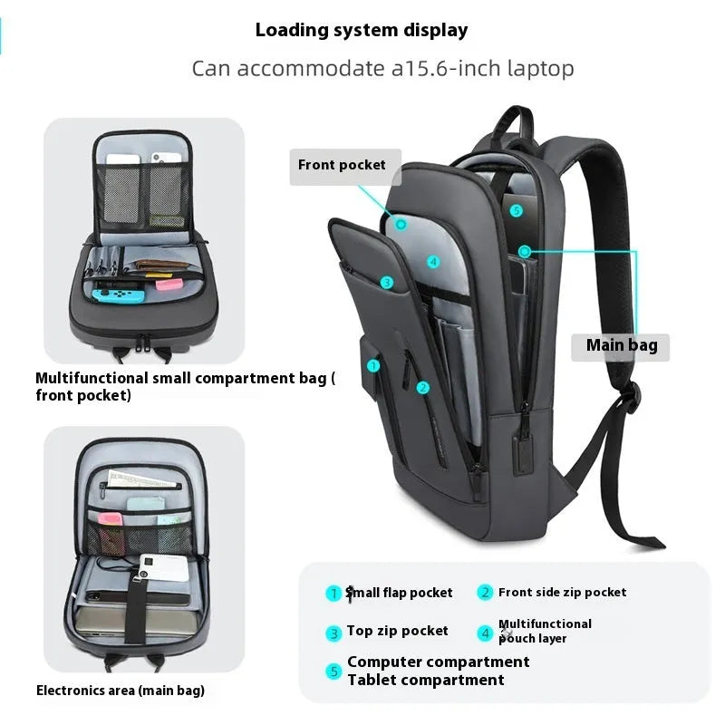 Lightweight Oxford cloth men's backpack in solid colour with sewing line detail.